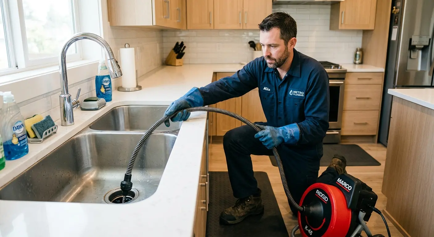 Drain cleaning technician using a motorized snake on a kitchen sink in Lake Elmo