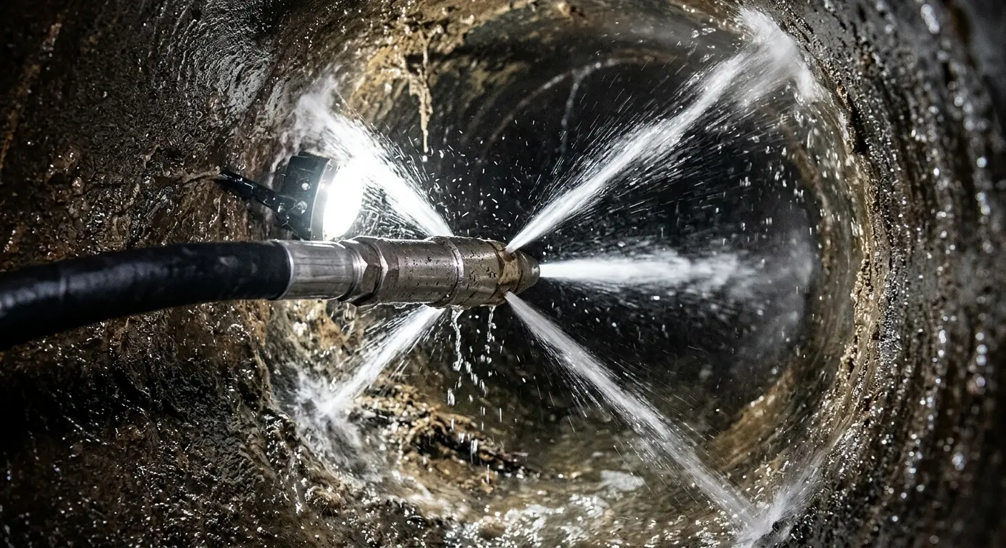 High-pressure hydro jetting nozzle cleaning sewer pipe for Trenchless Sewer Repair in Lake Elmo