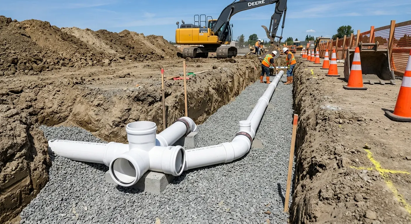New PVC sewer pipe installation in open trench for Sewer Backup in Lake Elmo