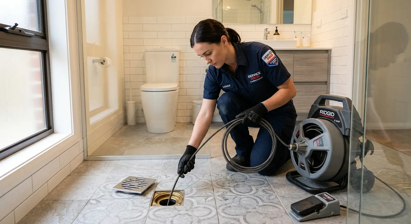Technician clearing a bathroom floor drain for Drain Cleaning in Lake Elmo
